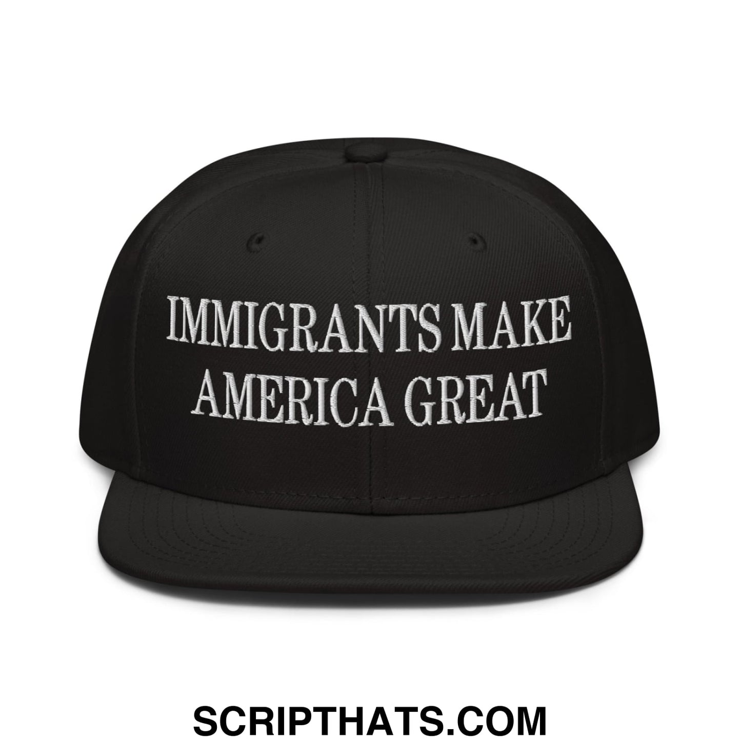 Black snapback cap with white embroidered text immigrants make america great flat brim bill design