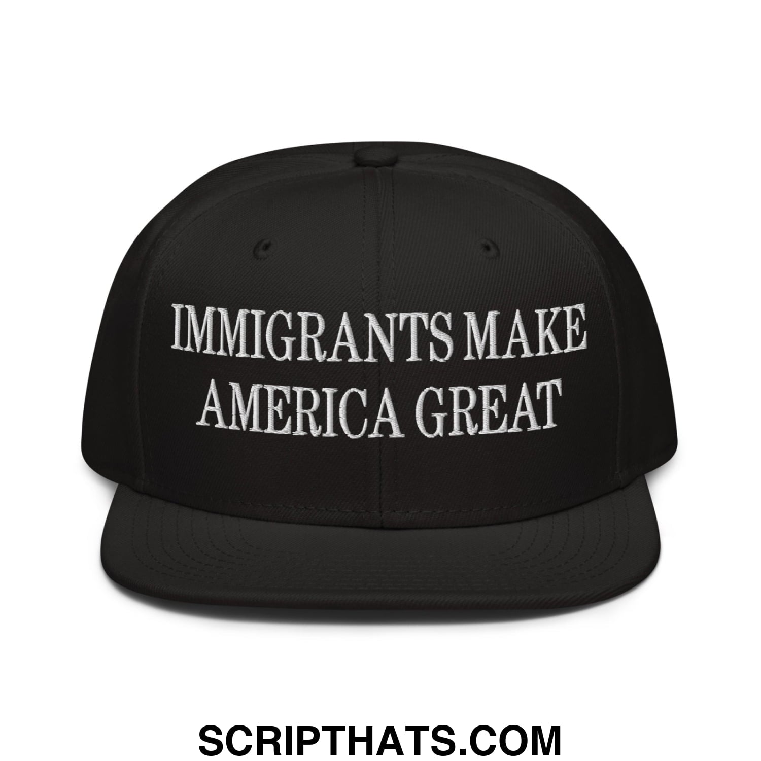Black snapback cap with white embroidered text immigrants make america great flat brim bill design