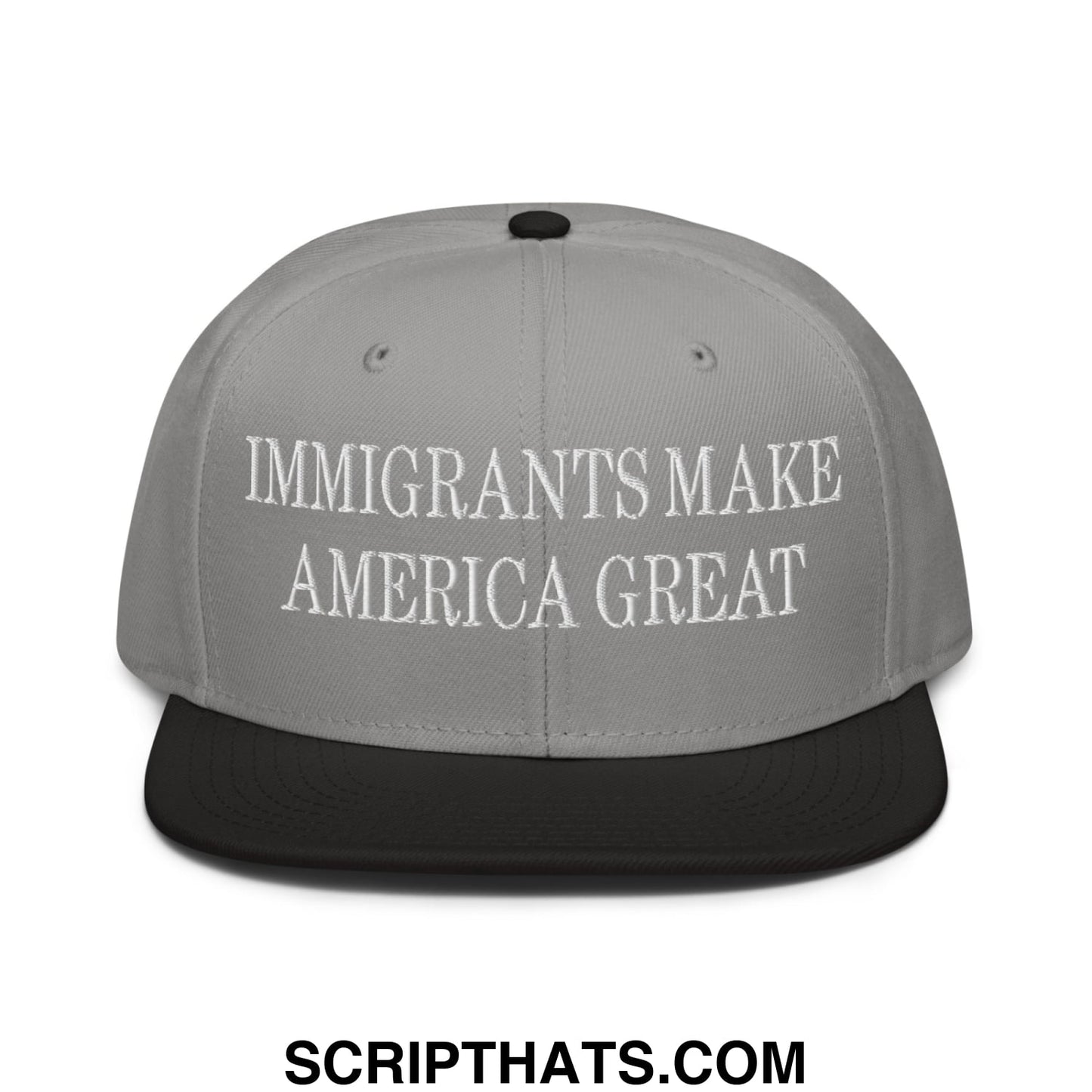 Gray and black snapback hat with white embroidered text immigrants make america great and flat brim bill design