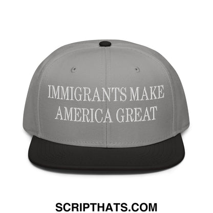 Gray and black snapback hat with white embroidered text immigrants make america great and flat brim bill design