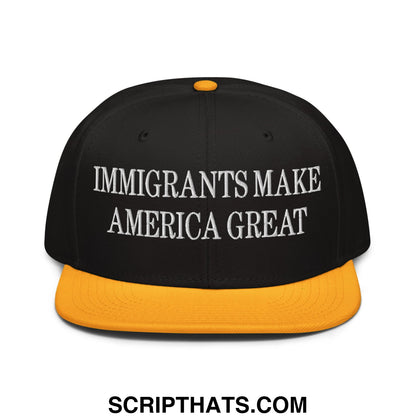 Black snapback cap with yellow brim orange button and white embroidered immigrants make America great text