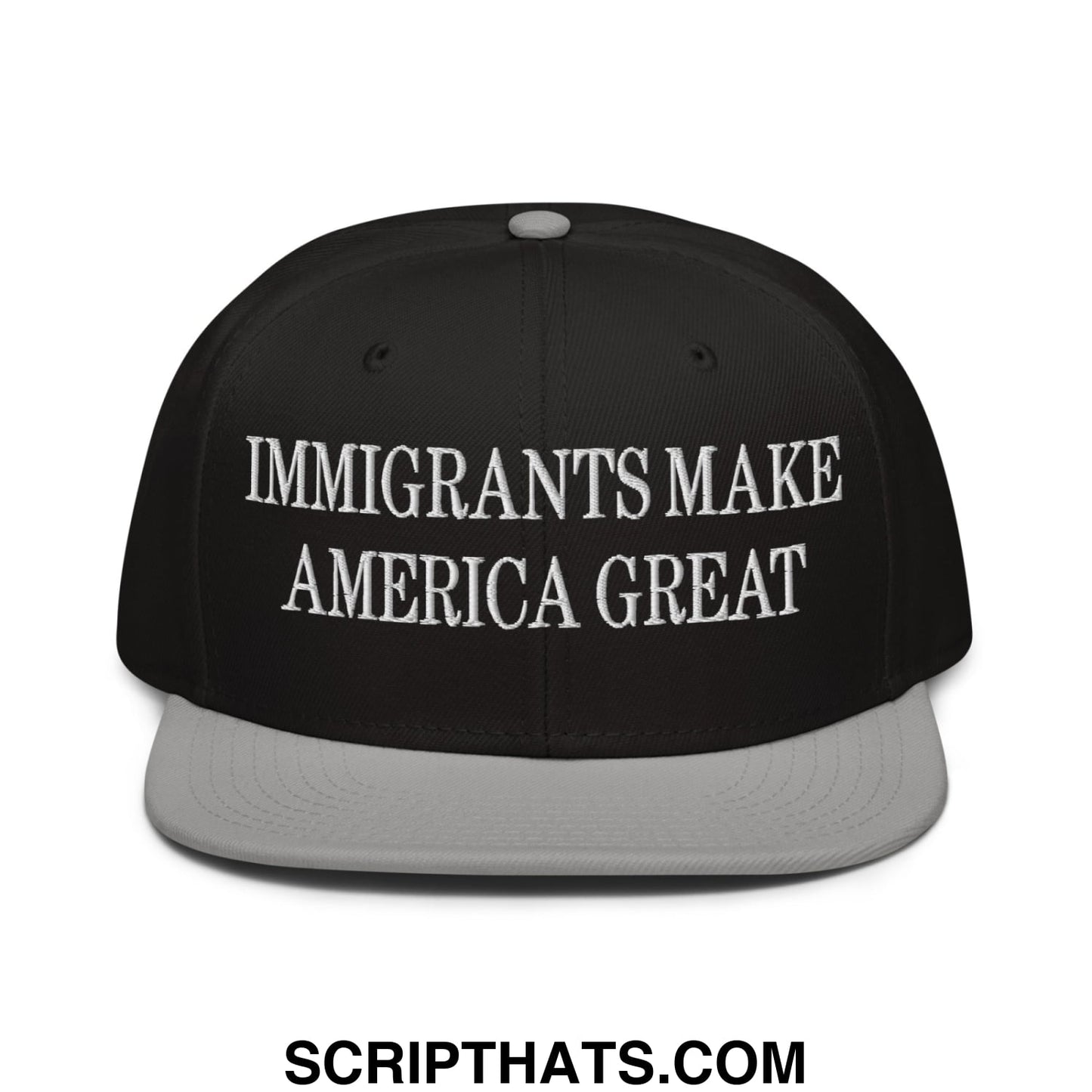 Black snapback cap with gray brim and white embroidered text reading immigrants make america great on front panel