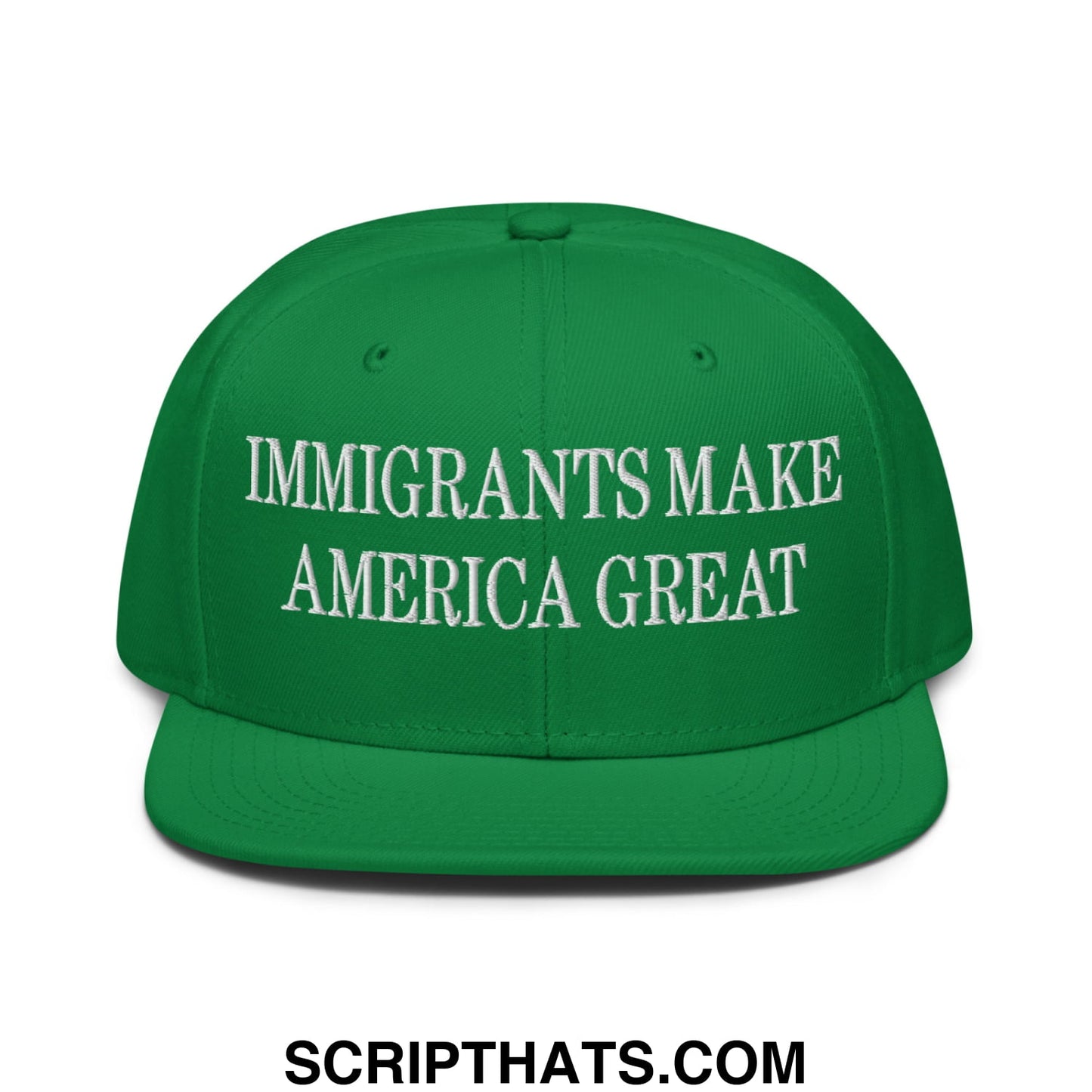 Green flat brim snapback cap with white embroidered immigrants make america great text for casual wear