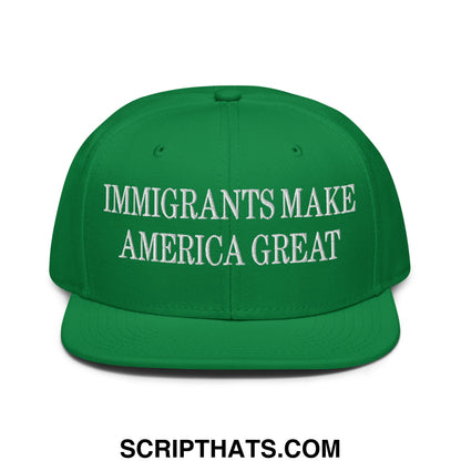 Green flat brim snapback cap with white embroidered immigrants make america great text for casual wear