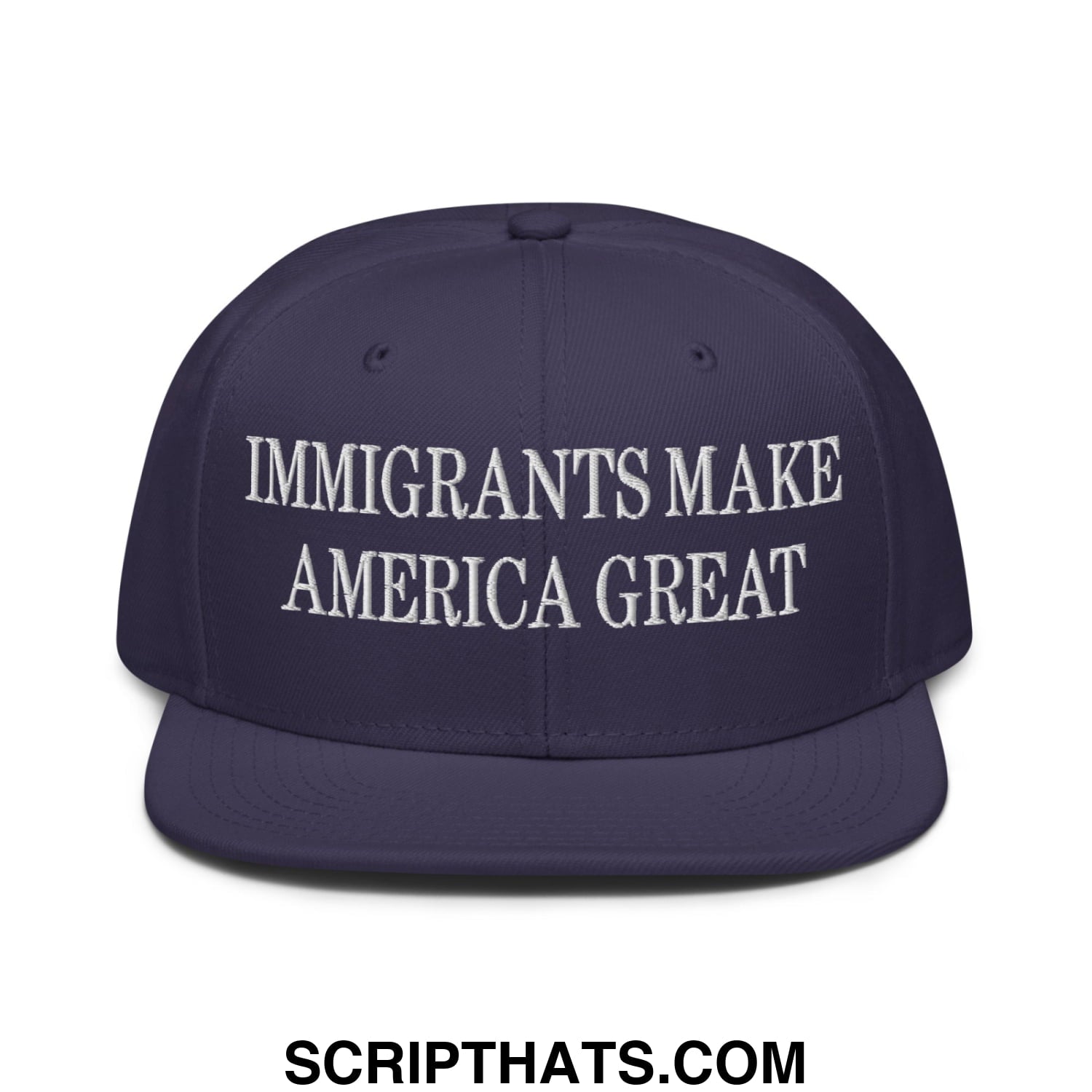 Navy blue snapback cap with white embroidered text reading immigrants make america great flat brim bill design