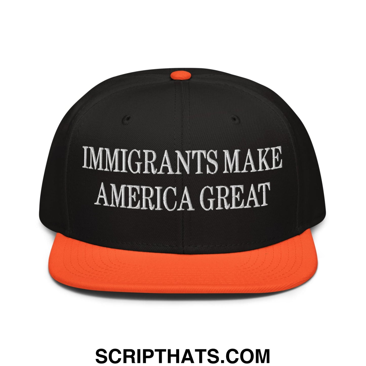 Black snapback cap with orange brim and button featuring white embroidered immigrants make america great text