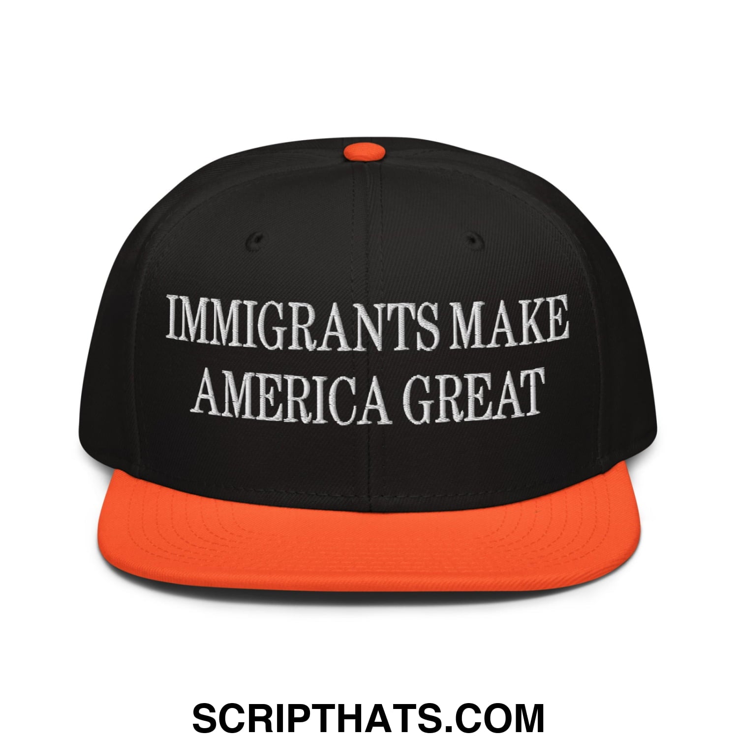 Black snapback cap with orange brim and button featuring white embroidered immigrants make america great text
