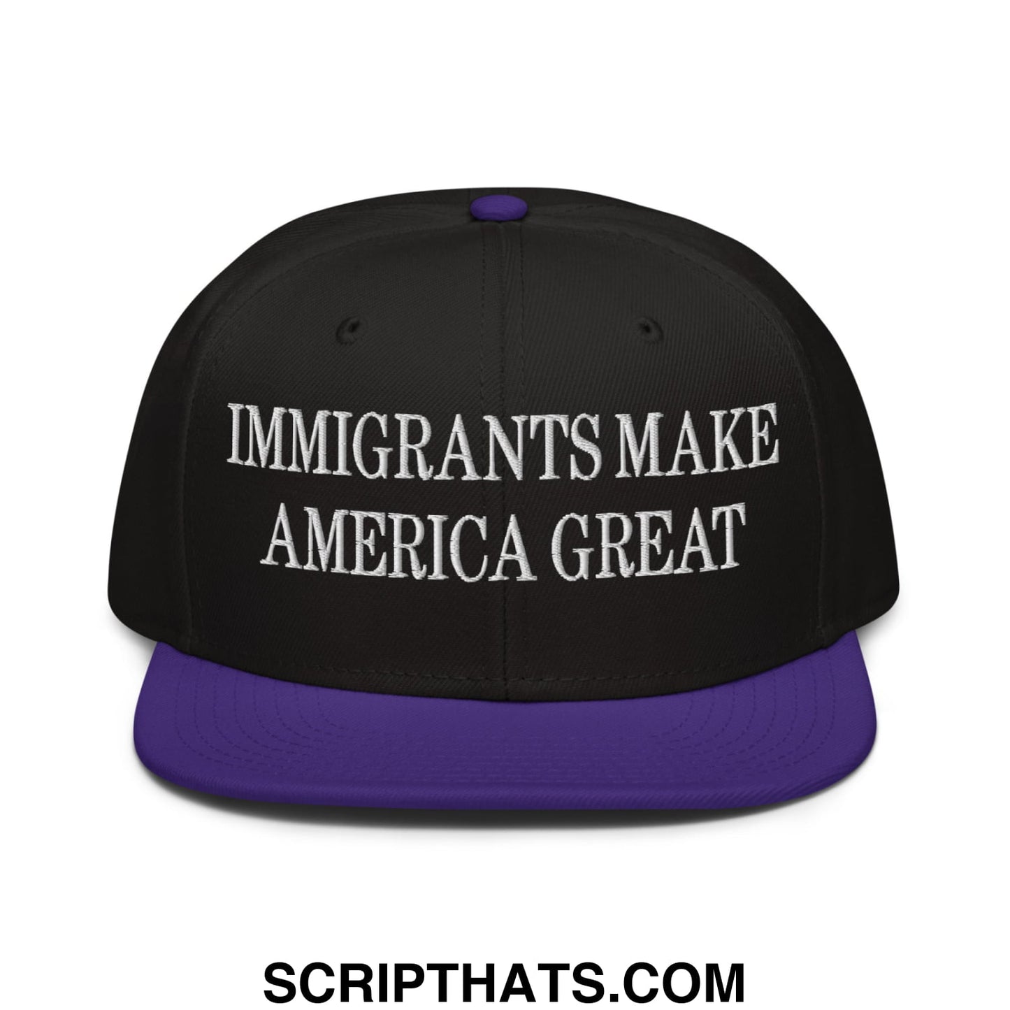 Black snapback cap with purple brim and button featuring white embroidered text immigrants make america great