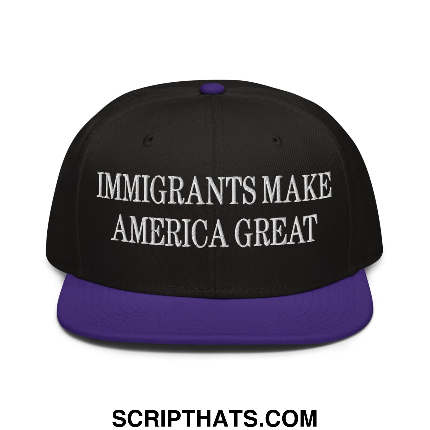 Black snapback cap with purple brim and button featuring white embroidered text immigrants make america great