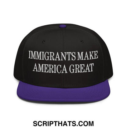 Black snapback cap with purple brim and button featuring white embroidered text immigrants make america great
