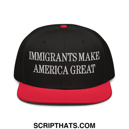 Black snapback cap with red brim and button featuring white embroidered immigrants make america great text