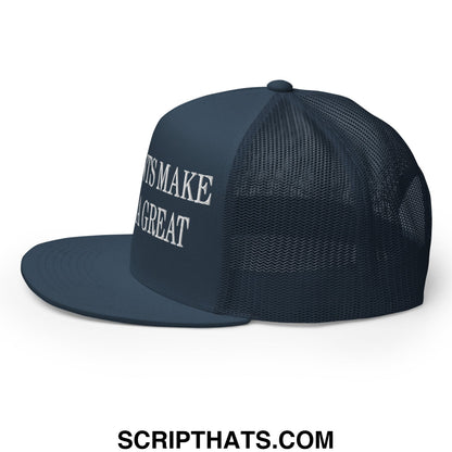 Immigrants Make America Great Embroidered Mesh Flat Bill Brim Trucker Hat Navy