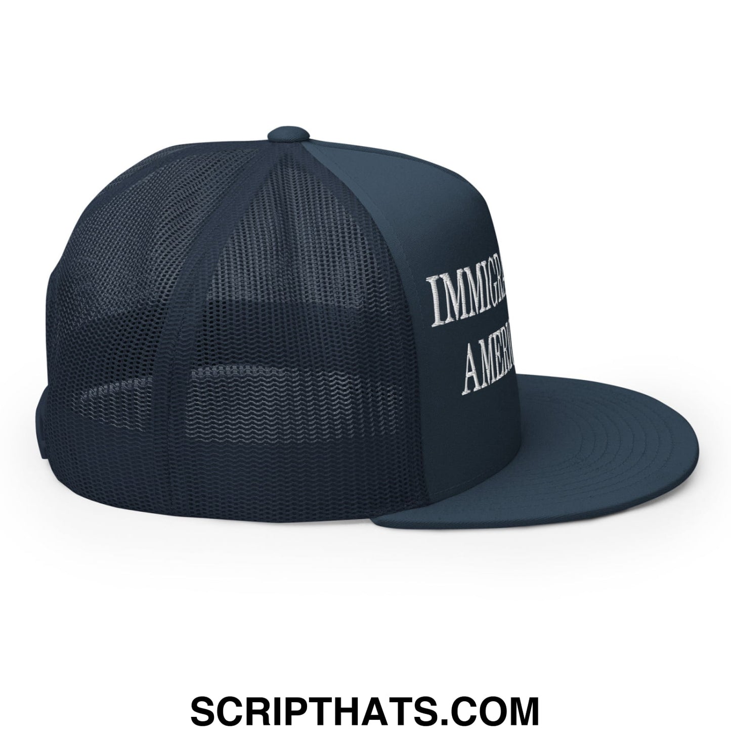 Immigrants Make America Great Embroidered Mesh Flat Bill Brim Trucker Hat Navy