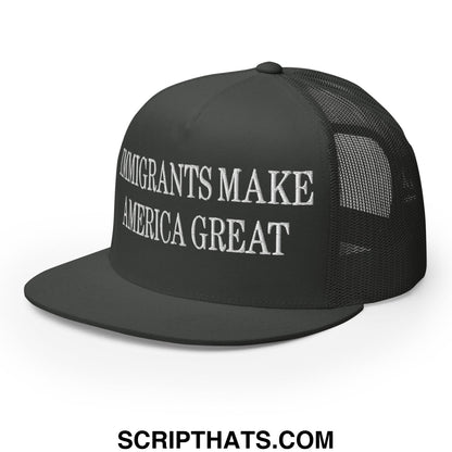 Immigrants Make America Great Embroidered Mesh Flat Bill Brim Trucker Hat Charcoal