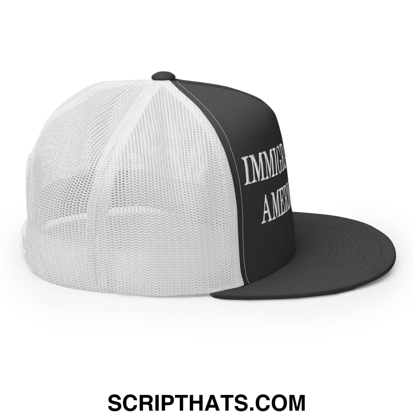 Immigrants Make America Great Embroidered Mesh Flat Bill Brim Trucker Hat Charcoal White