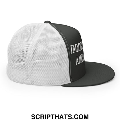 Immigrants Make America Great Embroidered Mesh Flat Bill Brim Trucker Hat Charcoal White