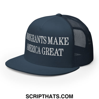 Immigrants Make America Great Embroidered Mesh Flat Bill Brim Trucker Hat Navy