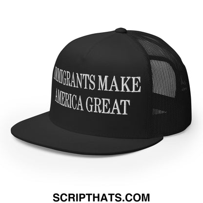 Immigrants Make America Great Embroidered Mesh Flat Bill Brim Trucker Hat Black