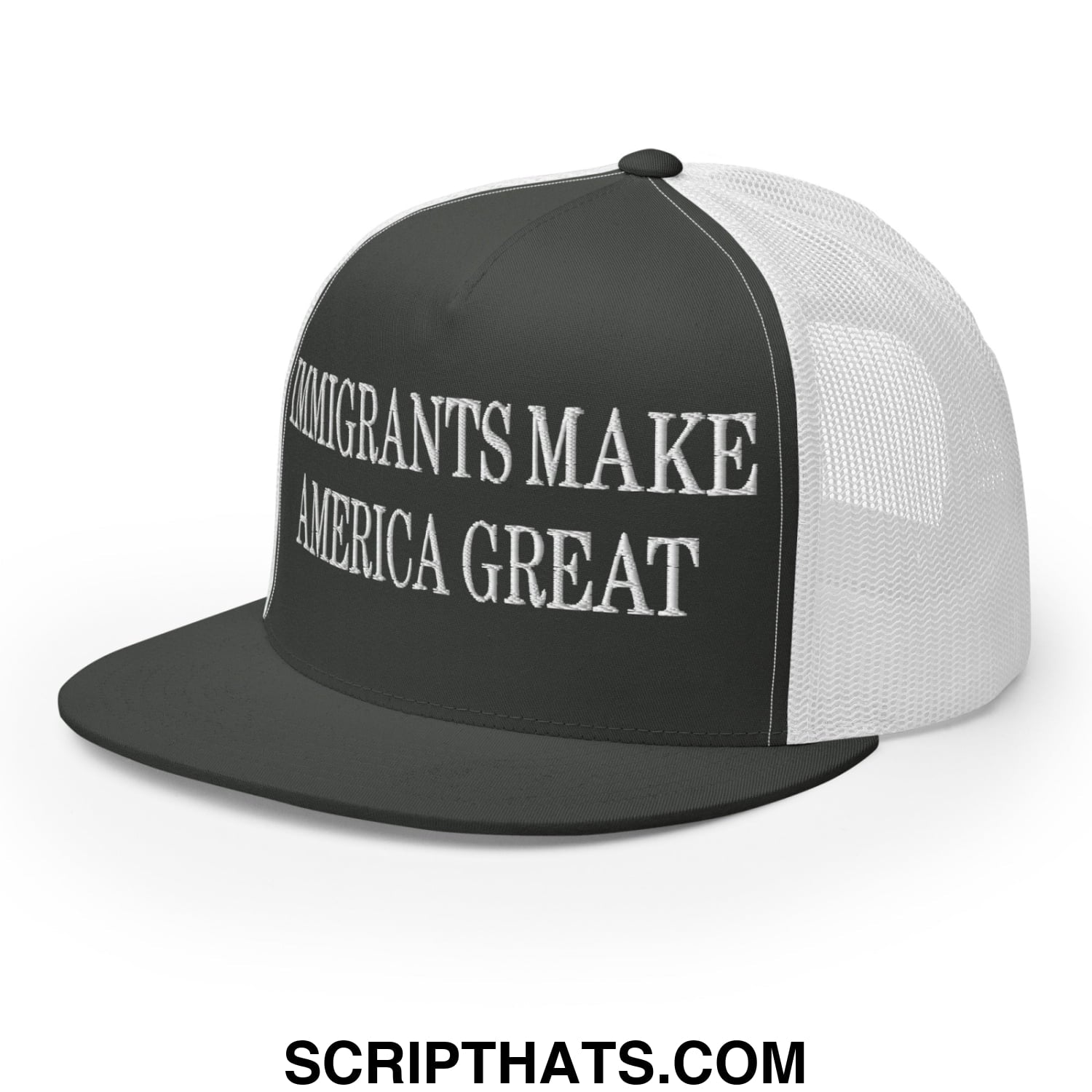 Immigrants Make America Great Embroidered Mesh Flat Bill Brim Trucker Hat Charcoal White