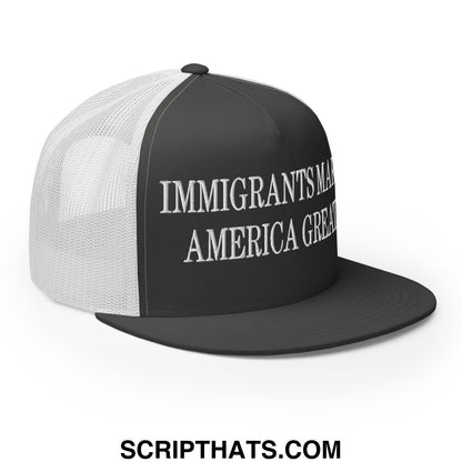 Immigrants Make America Great Embroidered Mesh Flat Bill Brim Trucker Hat Charcoal White