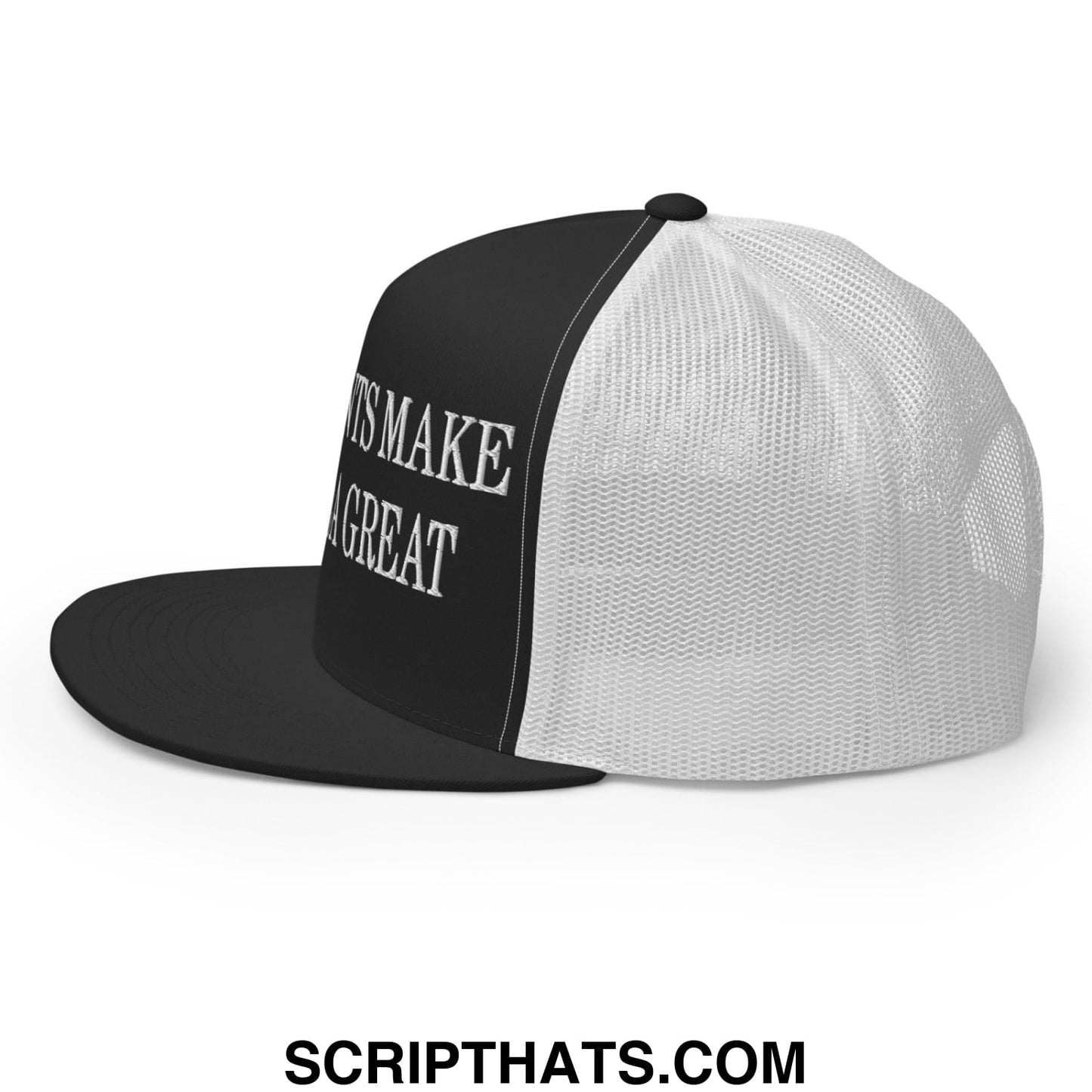 Immigrants Make America Great Embroidered Mesh Flat Bill Brim Trucker Hat Black White