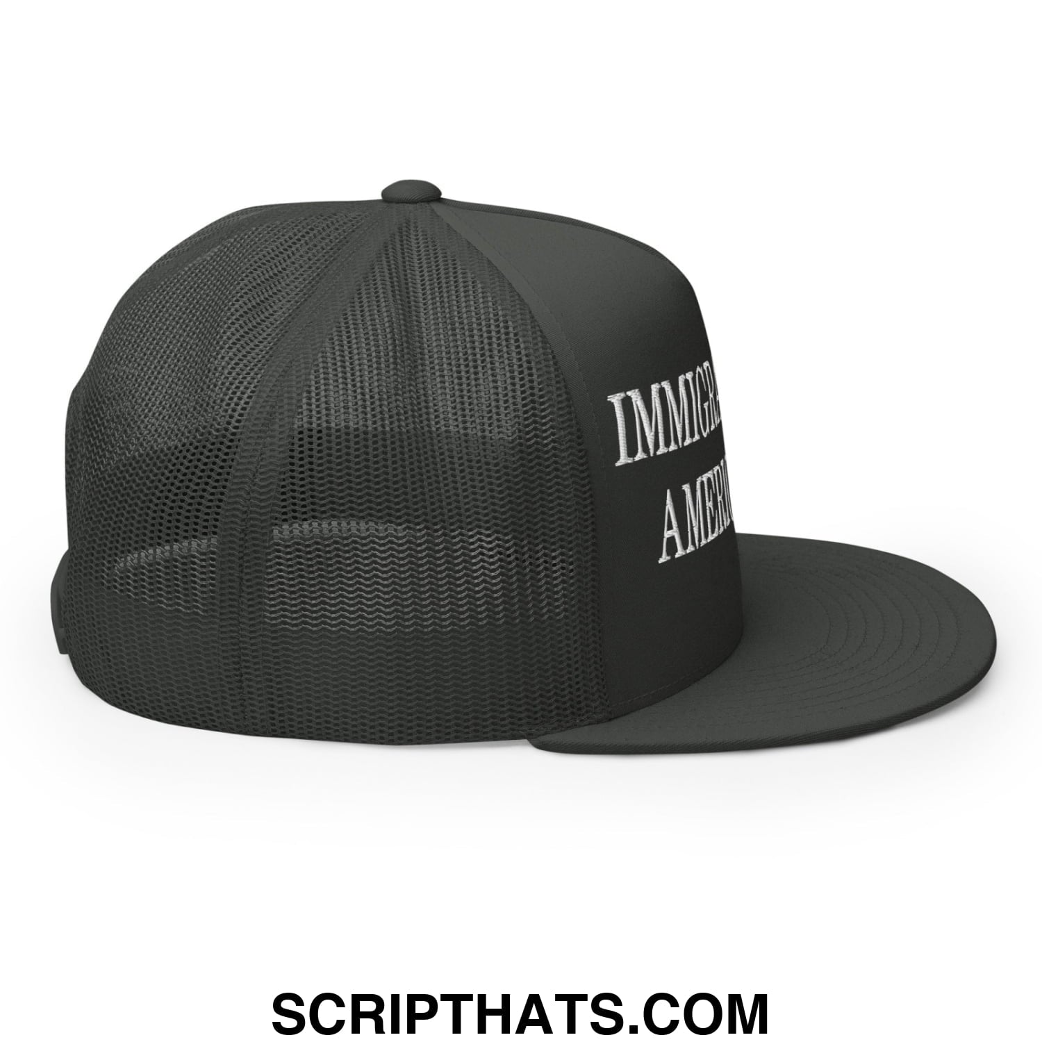 Immigrants Make America Great Embroidered Mesh Flat Bill Brim Trucker Hat Charcoal