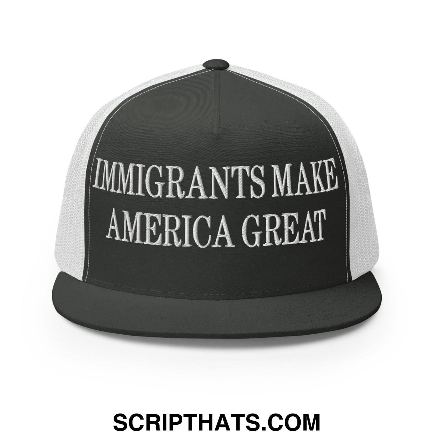 Immigrants Make America Great Embroidered Mesh Flat Bill Brim Trucker Hat Charcoal White