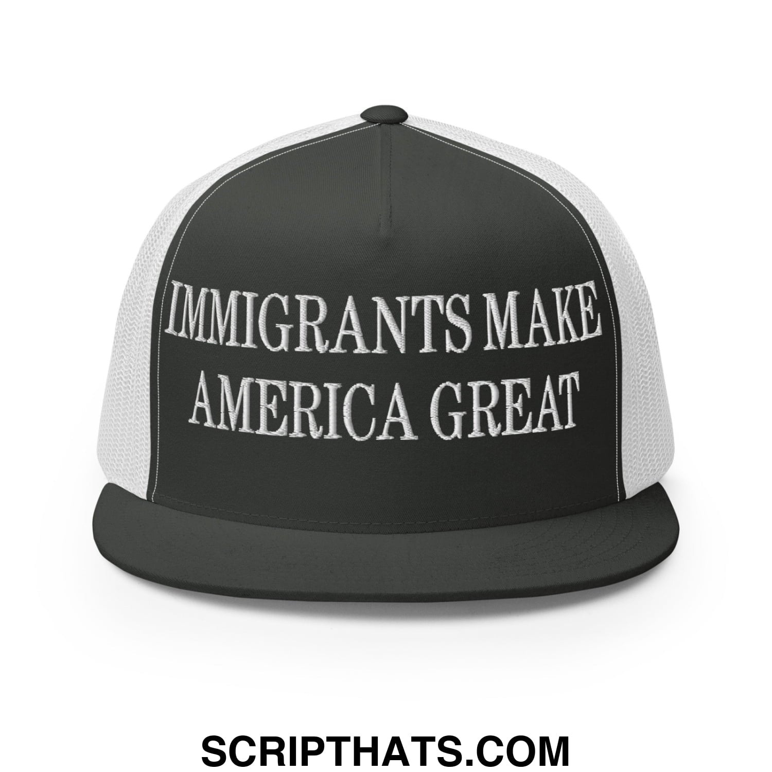 Immigrants Make America Great Embroidered Mesh Flat Bill Brim Trucker Hat Charcoal White