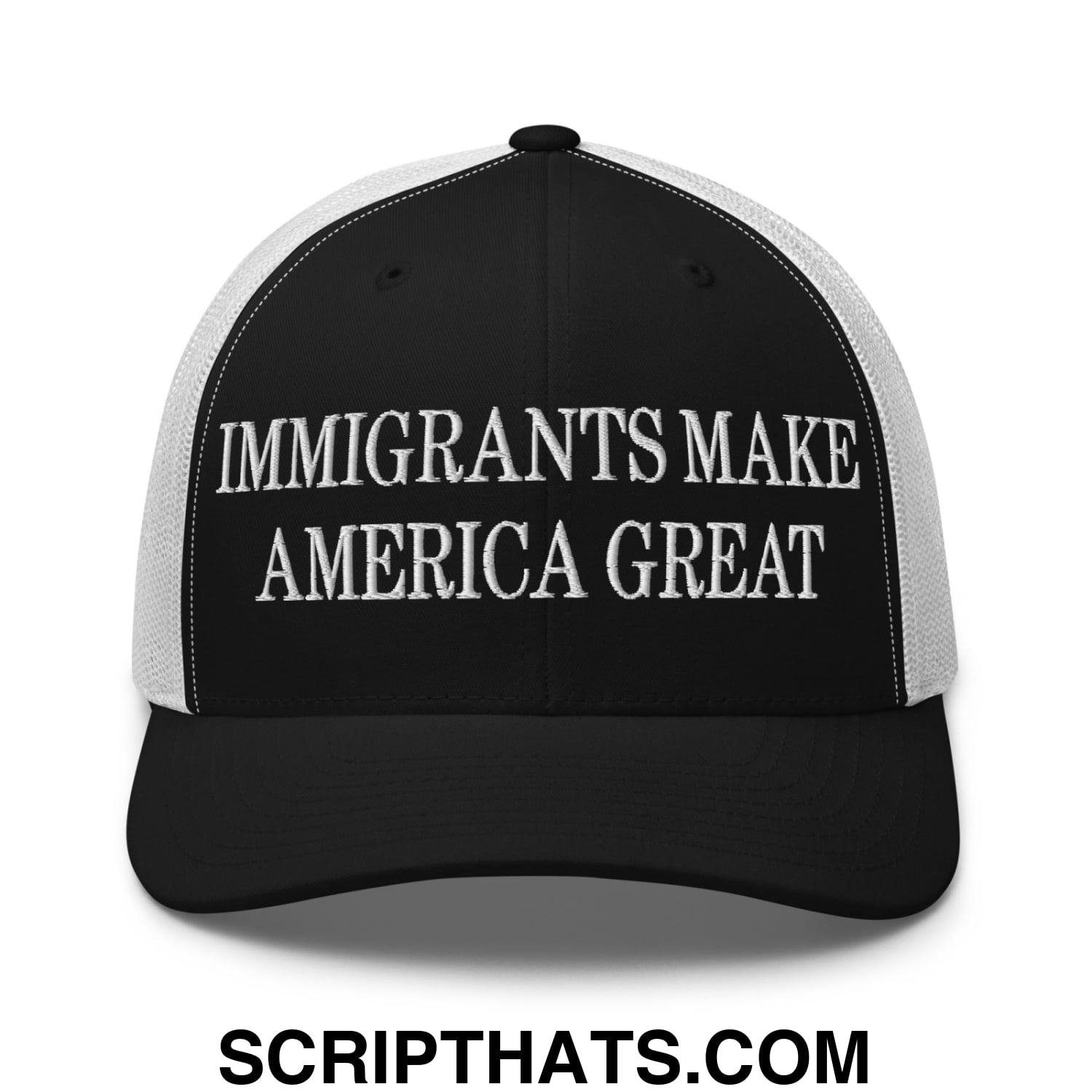 Immigrants Make America Great Embroidered Mesh Trucker Hat Black White