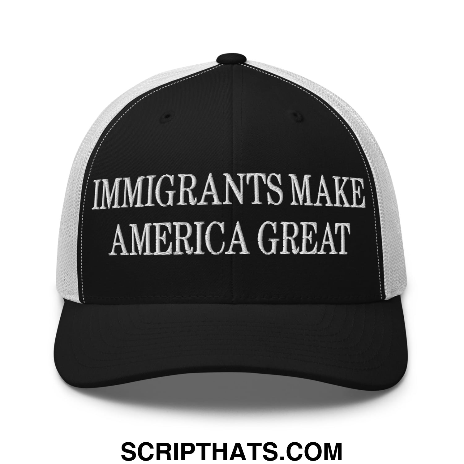 Black and white mesh trucker hat embroidered with immigrants make america great in bold capital letters