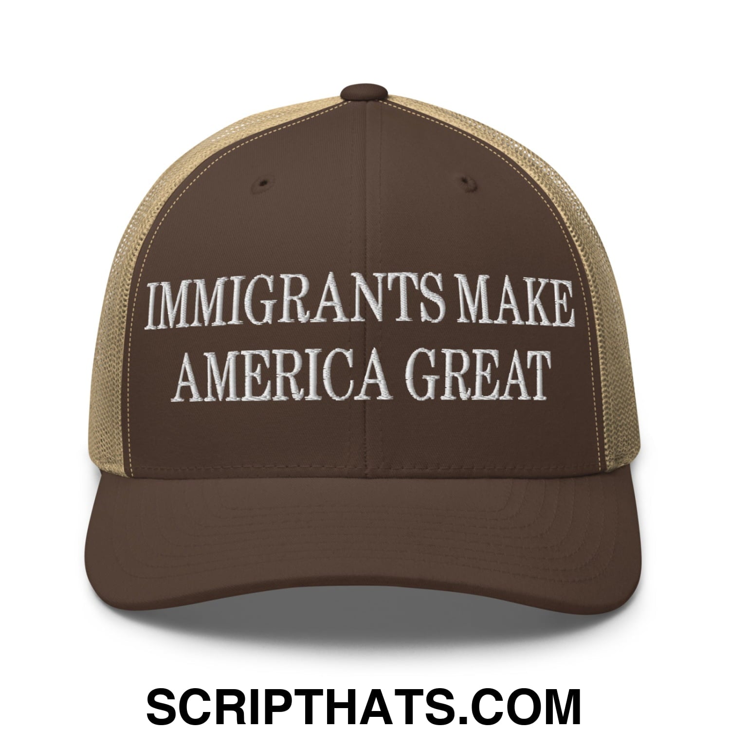 Immigrants Make America Great Embroidered Mesh Trucker Hat Brown Khaki