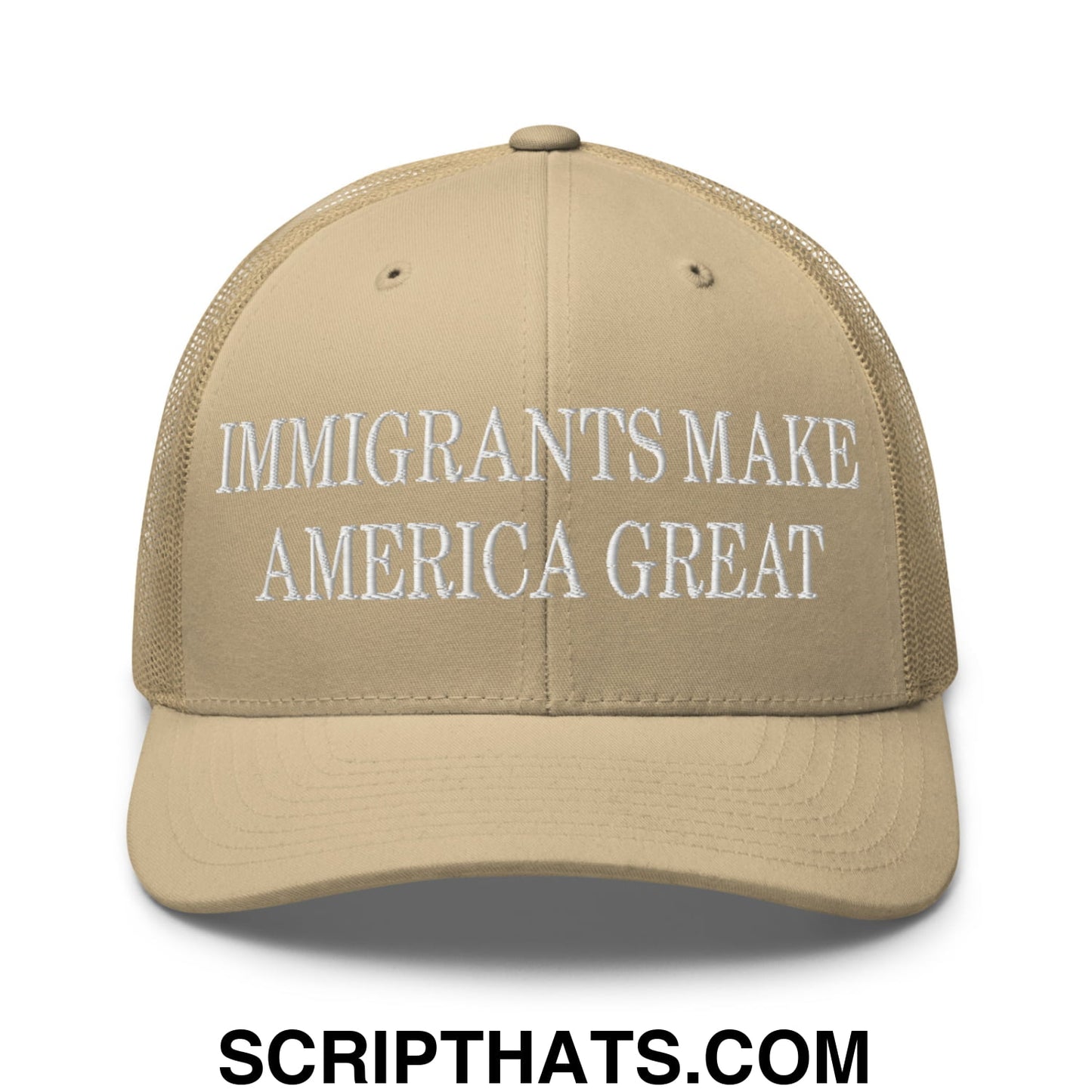 Immigrants Make America Great Embroidered Mesh Trucker Hat Khaki