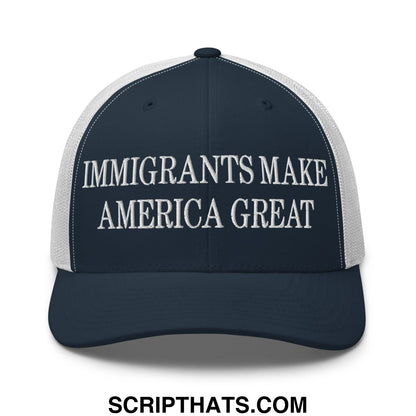 Navy blue and white embroidered mesh trucker hat with immigrants make america great text on front panel