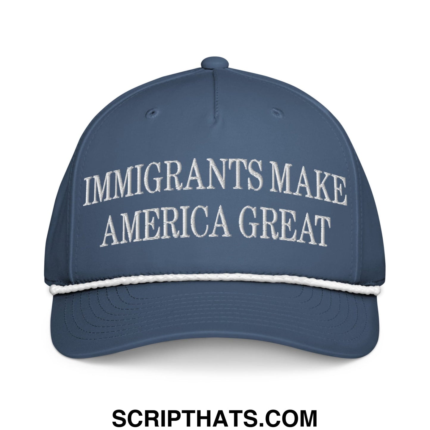 Immigrants Make America Great Embroidered Rope Snapback Hat Light Blue White