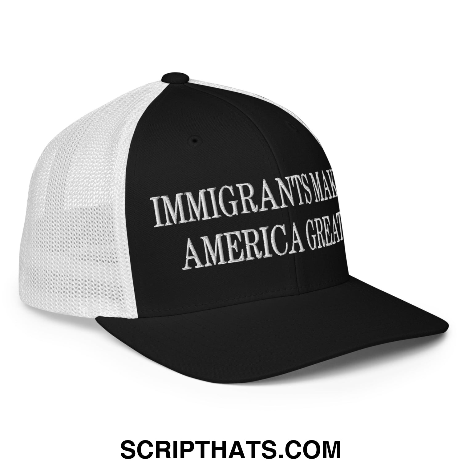 Immigrants Make America Great Embroidered Stretch Fit Mesh Trucker Hat Black White