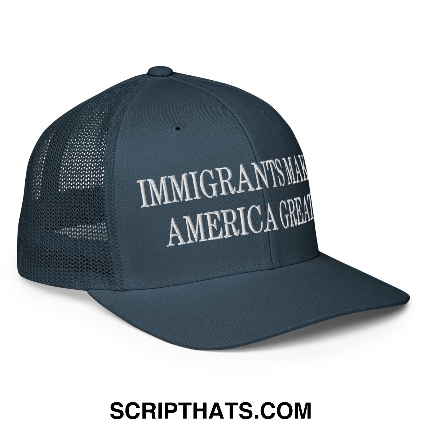 Immigrants Make America Great Embroidered Stretch Fit Mesh Trucker Hat Navy
