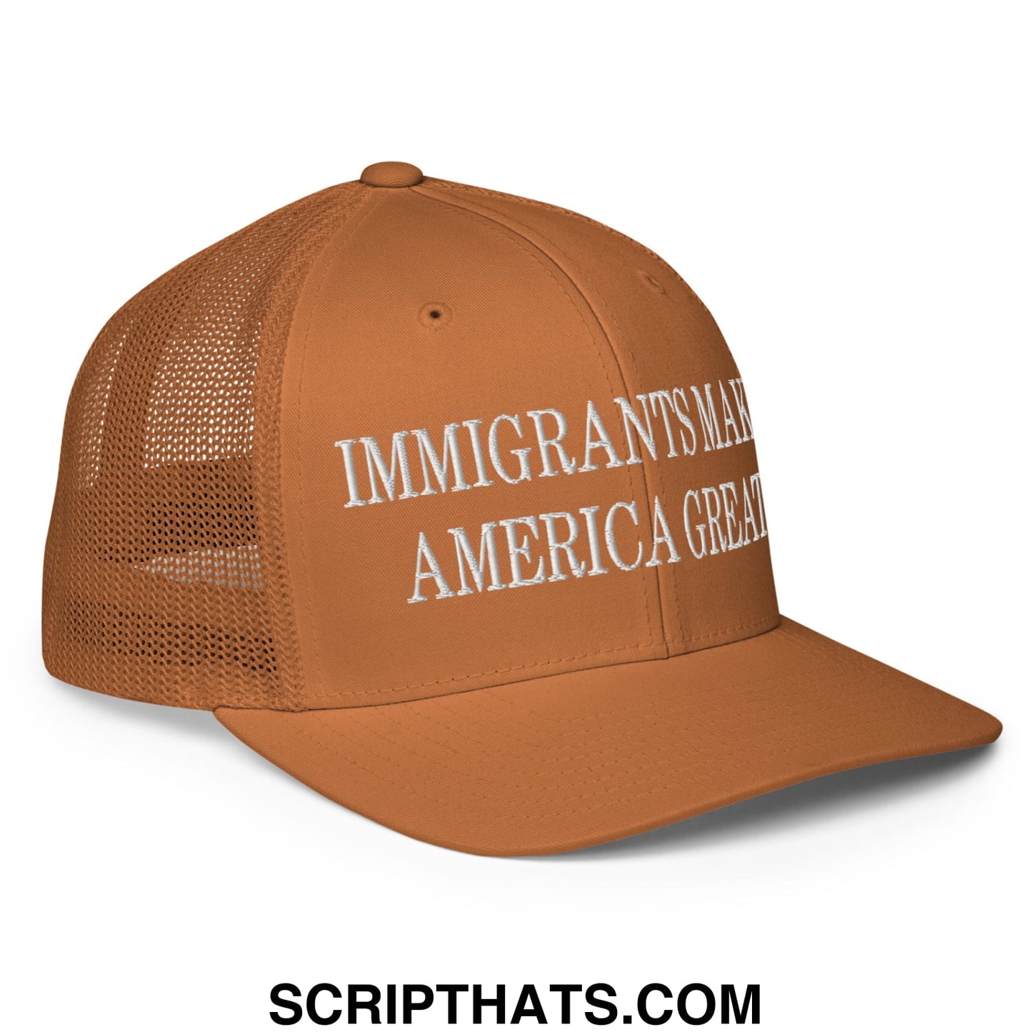 Immigrants Make America Great Embroidered Stretch Fit Mesh Trucker Hat Caramel
