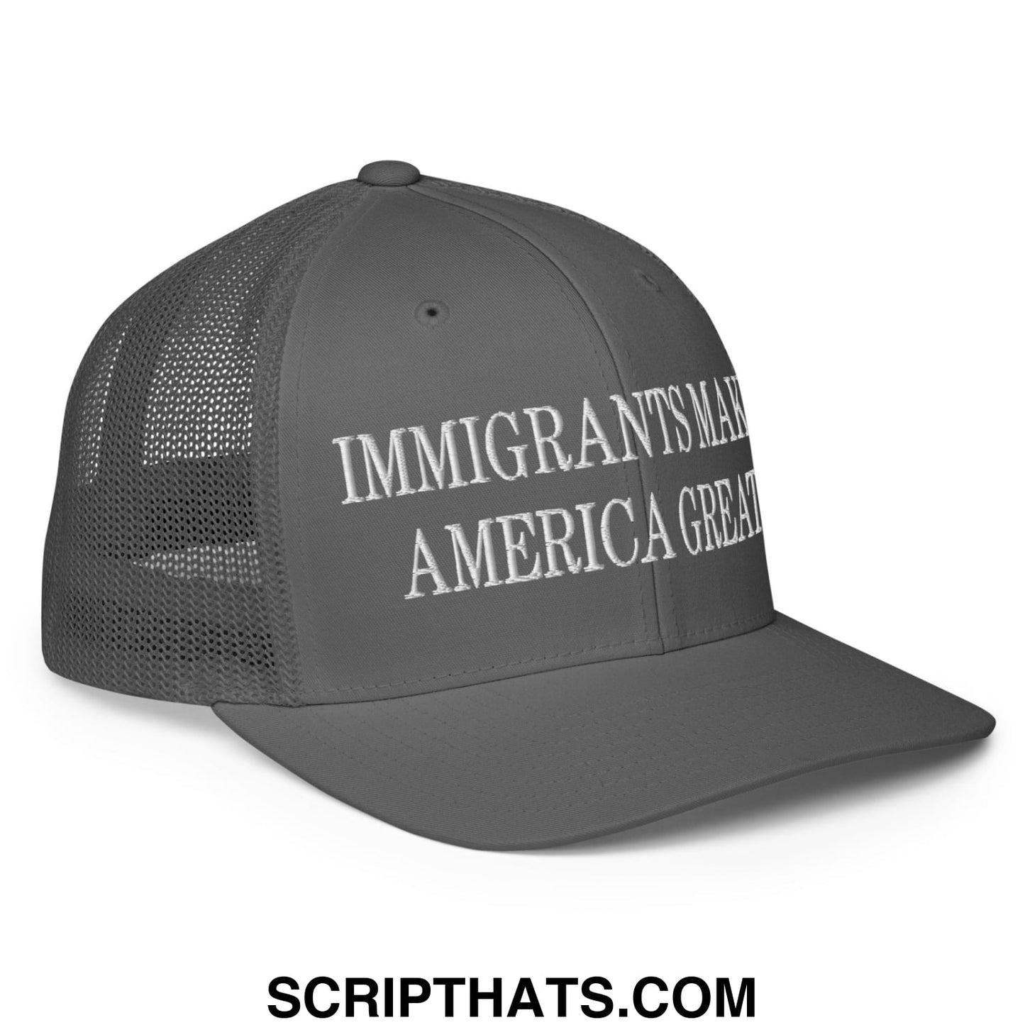 Immigrants Make America Great Embroidered Stretch Fit Mesh Trucker Hat Charcoal