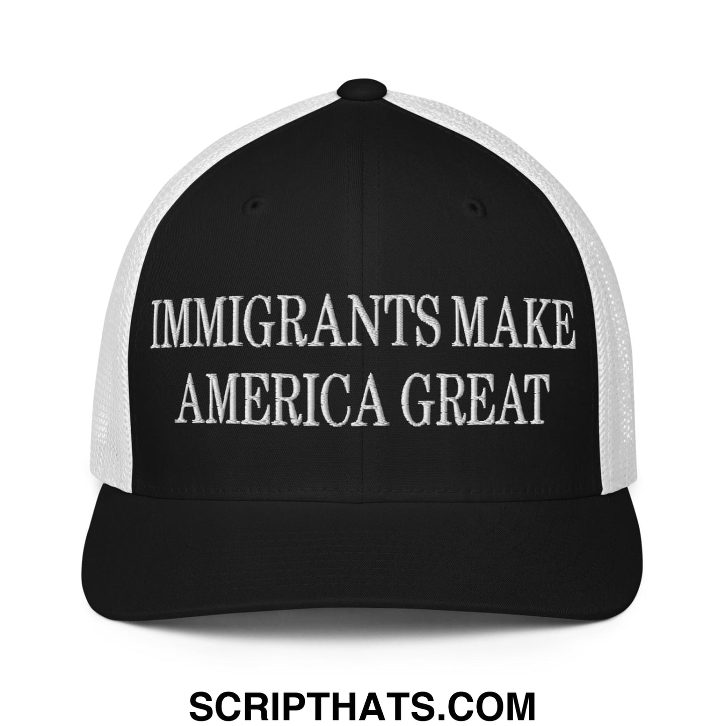 Immigrants Make America Great Embroidered Stretch Fit Mesh Trucker Hat Black White