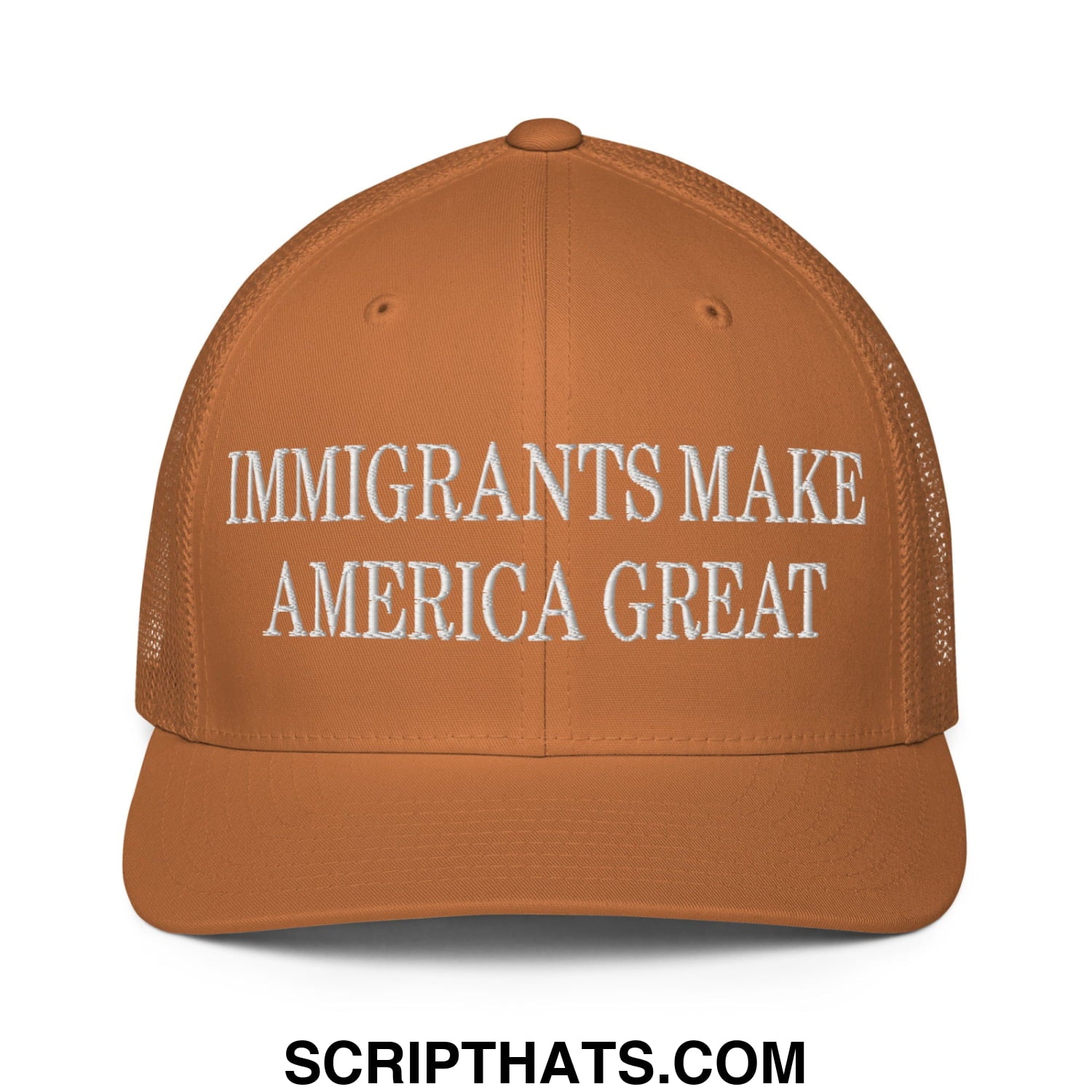 Immigrants Make America Great Embroidered Stretch Fit Mesh Trucker Hat Caramel