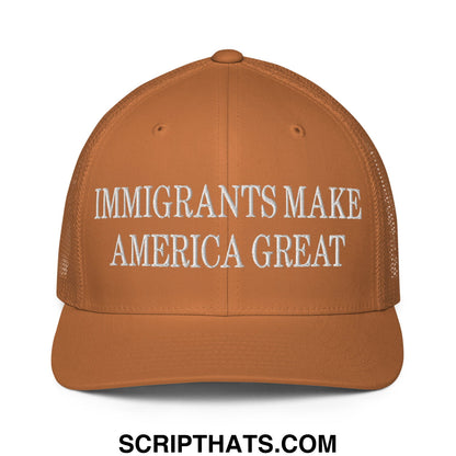Immigrants Make America Great Embroidered Stretch Fit Mesh Trucker Hat Caramel