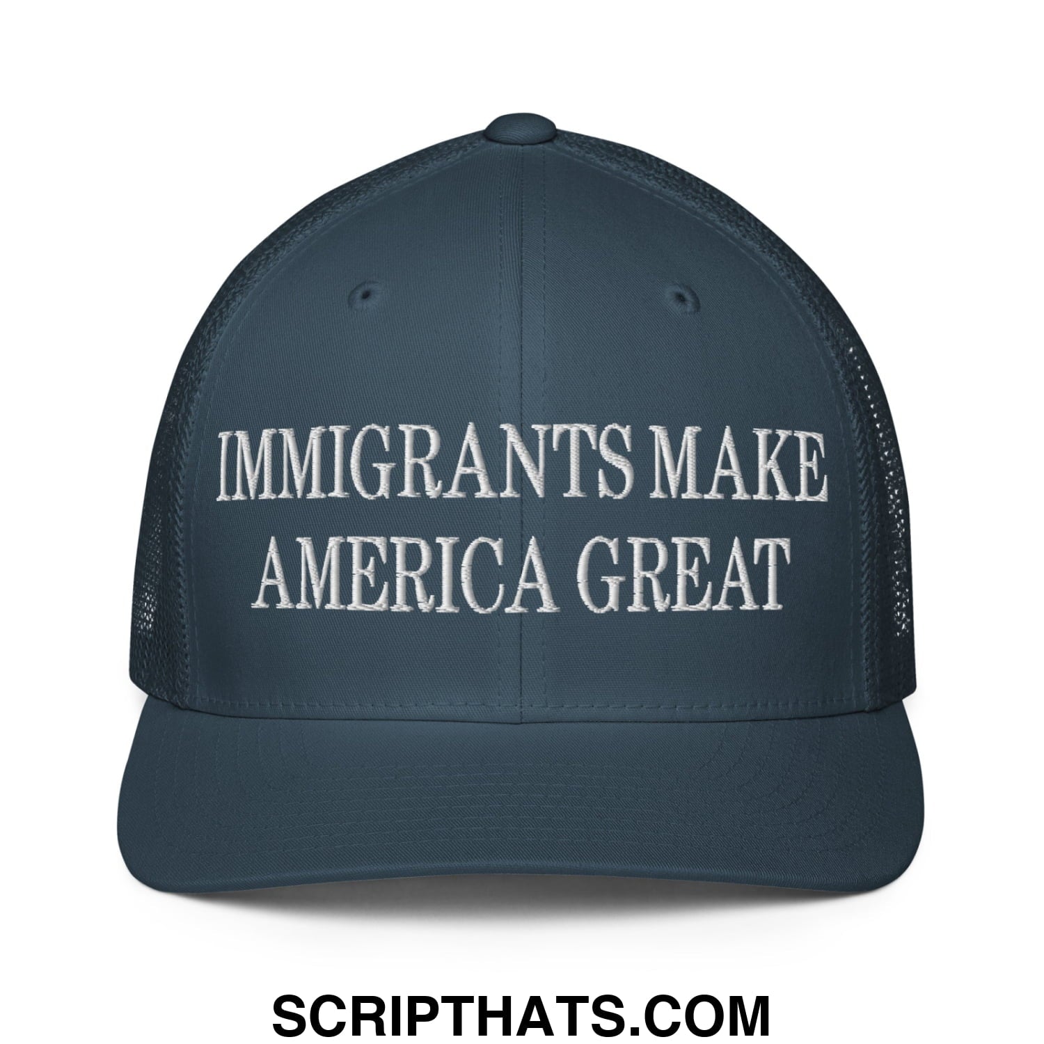 Immigrants Make America Great Embroidered Stretch Fit Mesh Trucker Hat Navy
