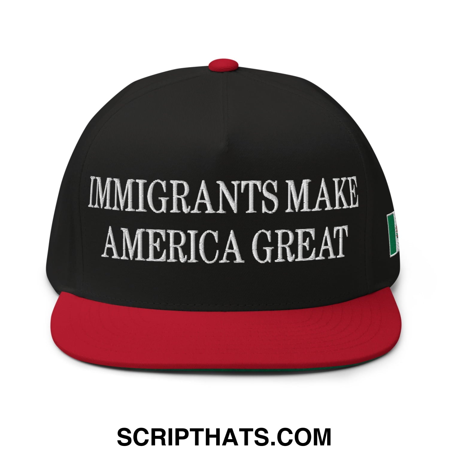 Immigrants Make America Great Mexico Flag Embroidered Flat Bill Brim 5 Panel Snapback Hat Black Red
