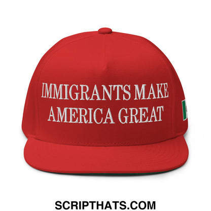 Immigrants Make America Great Mexico Flag Embroidered Flat Bill Brim 5 Panel Snapback Hat Red