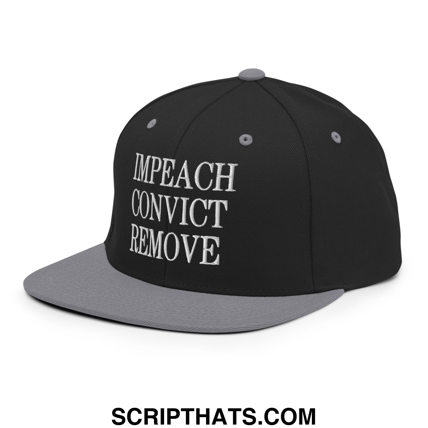 Impeach Convict Remove Embroidered Flat Bill Brim Snapback Hat Black Silver