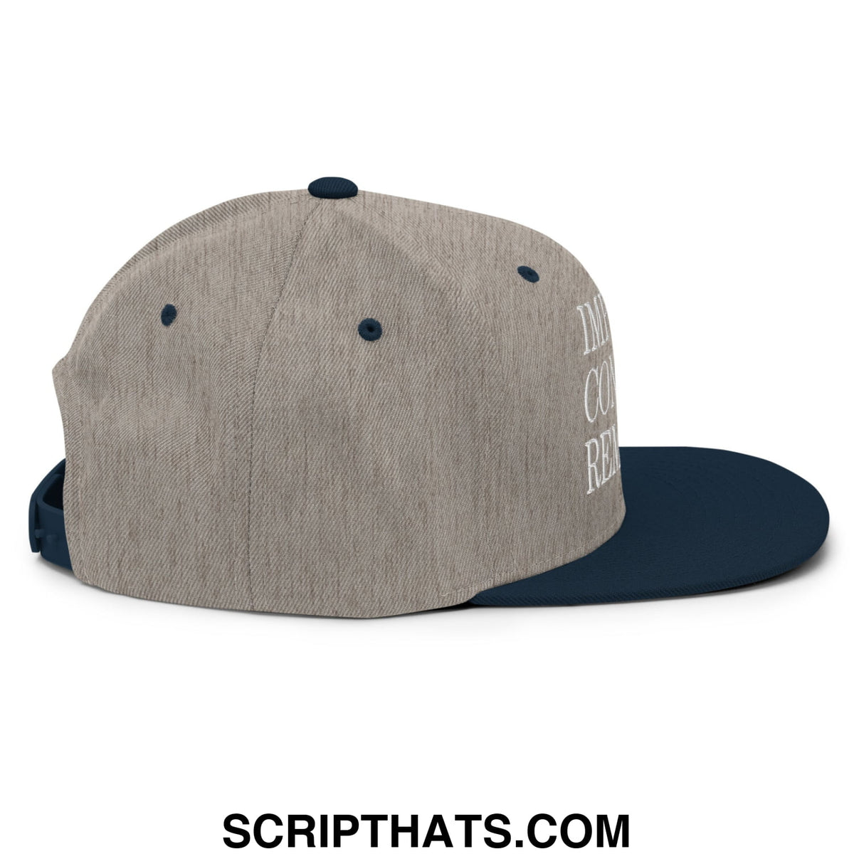 A heather gray snapback cap with a navy blue brim and white embroidered impeach convict remove text on the side
