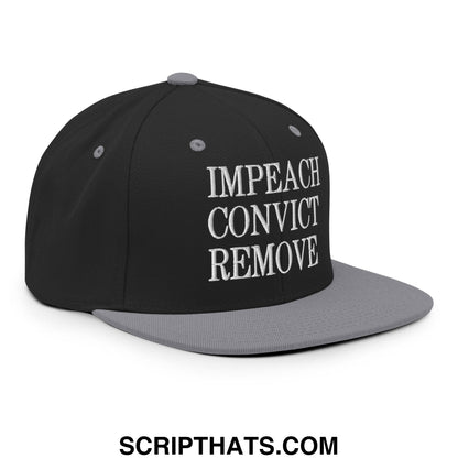 Black and gray snapback hat with white embroidered text impeach convict remove flat bill brim design