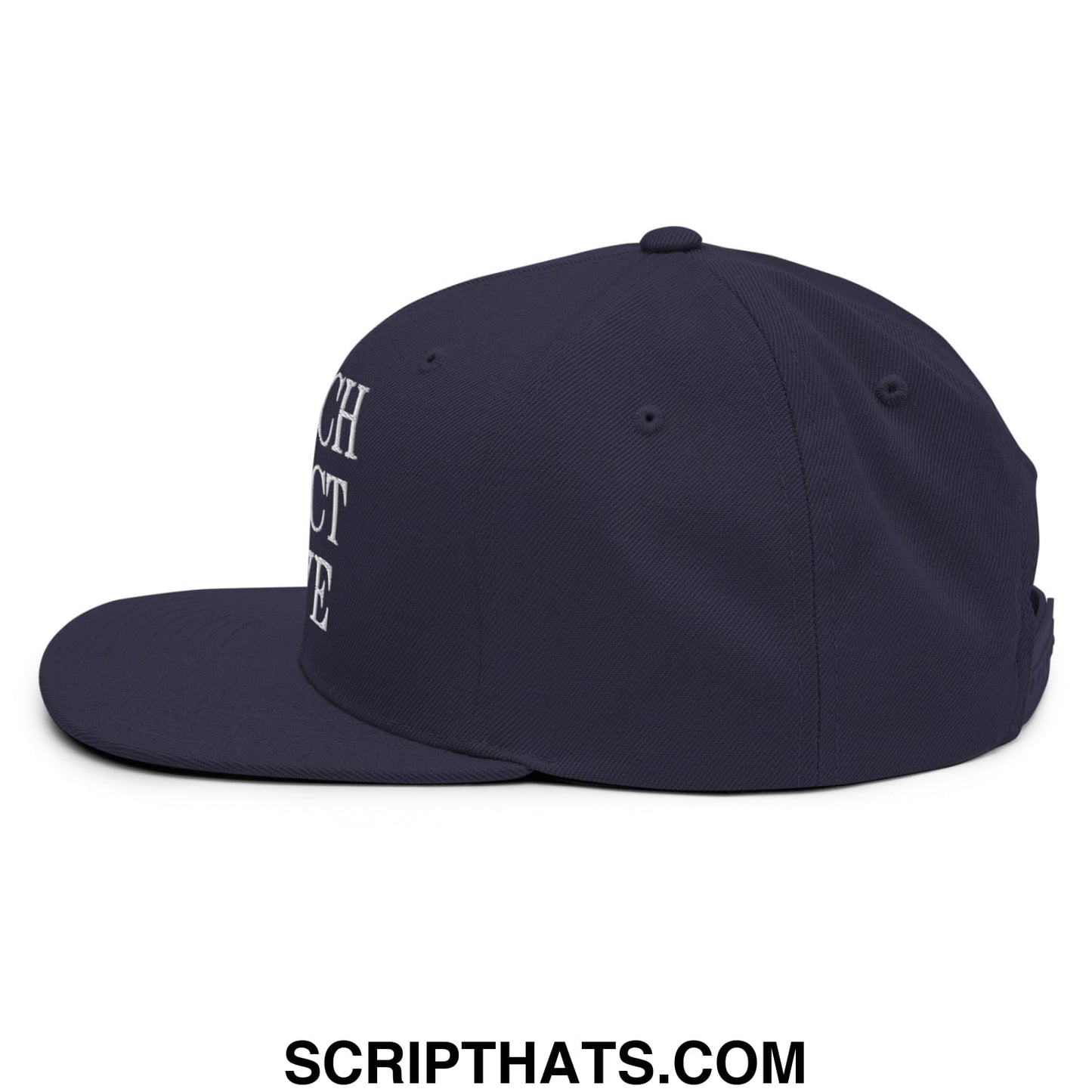 Dark navy snapback hat with white embroidered impeach convict remove text on the side flat bill brim design