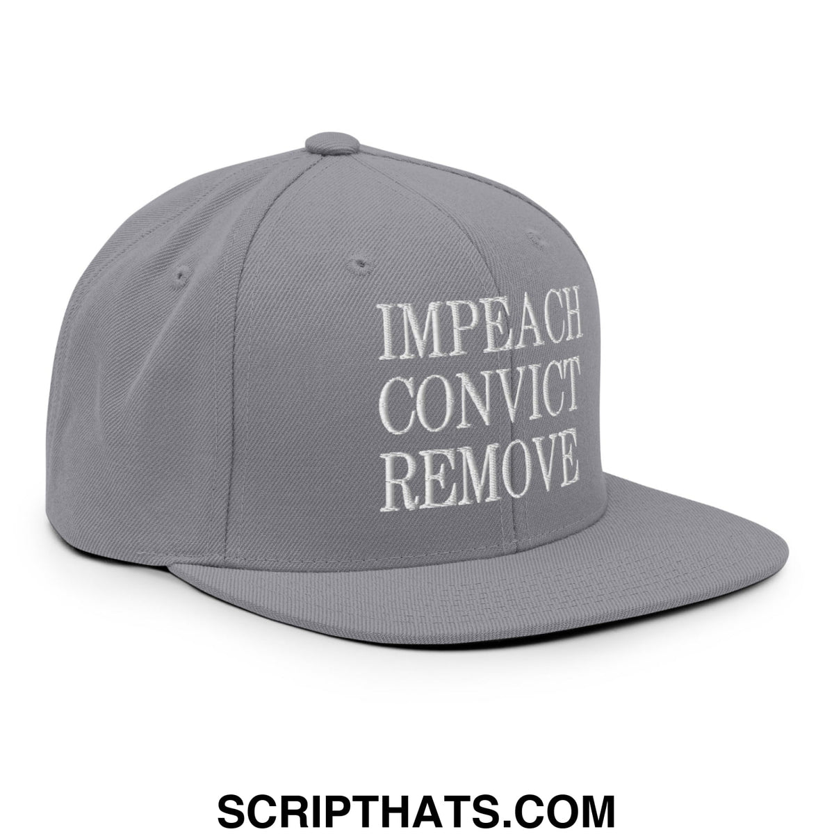 Gray snapback cap with white embroidered text impeach convict remove and flat bill brim design