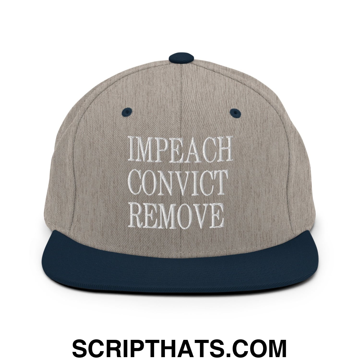 Impeach Convict Remove Embroidered Flat Bill Brim Snapback Hat Heather Grey Navy